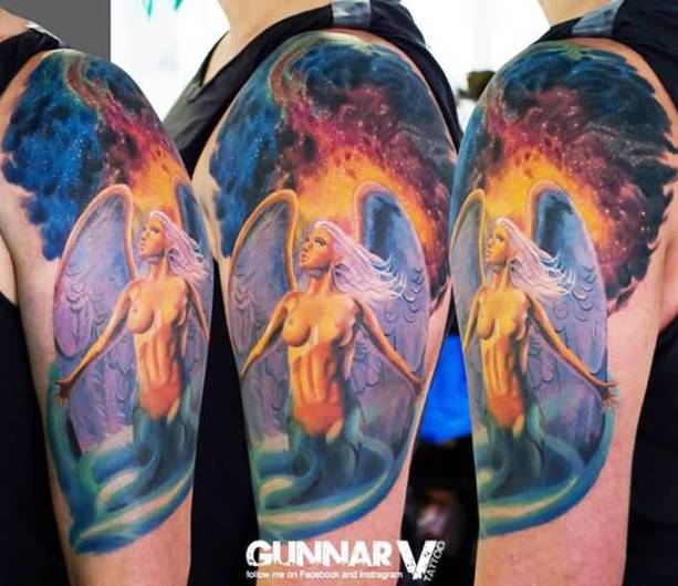 Outstanding Men Shoulder Realistic Angel Girl Tattoo