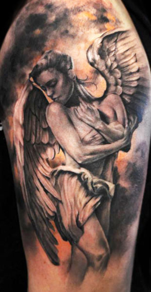 Realistic Angel Tattoo On Shoulder For Men