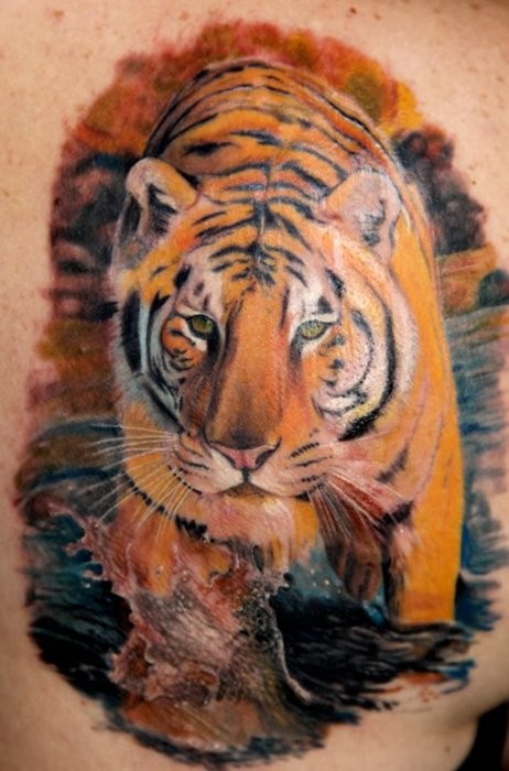 Walking Tiger In Cool Water Tattoo Design For Right Side Back